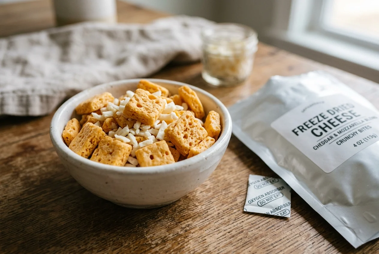 Crispy golden freeze dried cheddar cheese bites and white mozzarella shreds in a ceramic bowl beside a sealed mylar bag and oxygen absorber on a wooden table