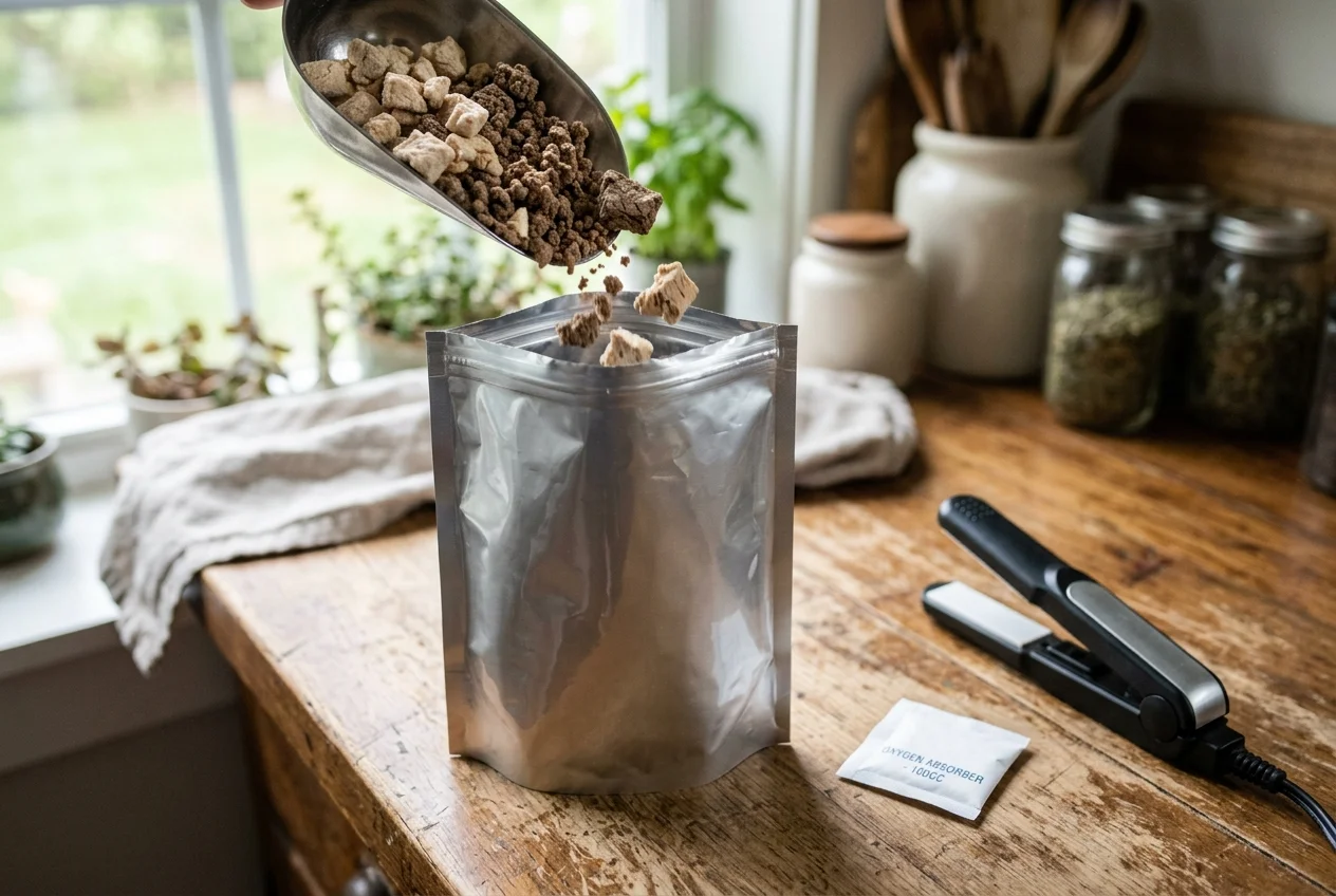 Freeze dried meat crumbles being poured into a silver mylar bag with an oxygen absorber and impulse heat sealer on a wooden counter