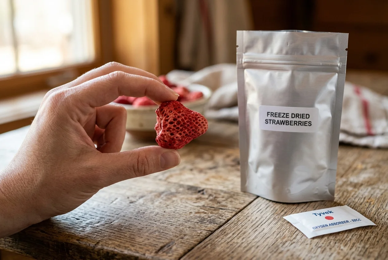 A person holding a crispy freeze dried strawberry next to a labeled mylar bag and oxygen absorber on a wooden table