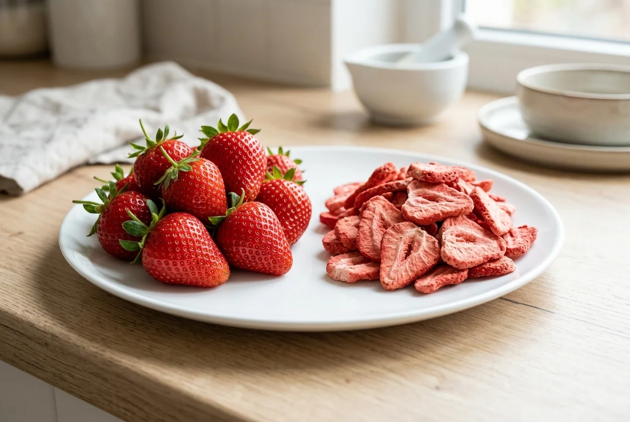 Side by side comparison of fresh plump red strawberries and crispy freeze dried strawberry slices on a white plate